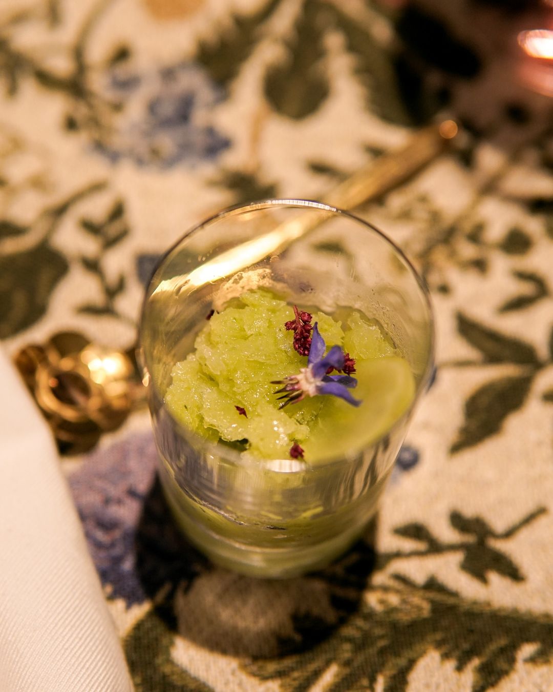 Green gazpacho granitée in a small glass